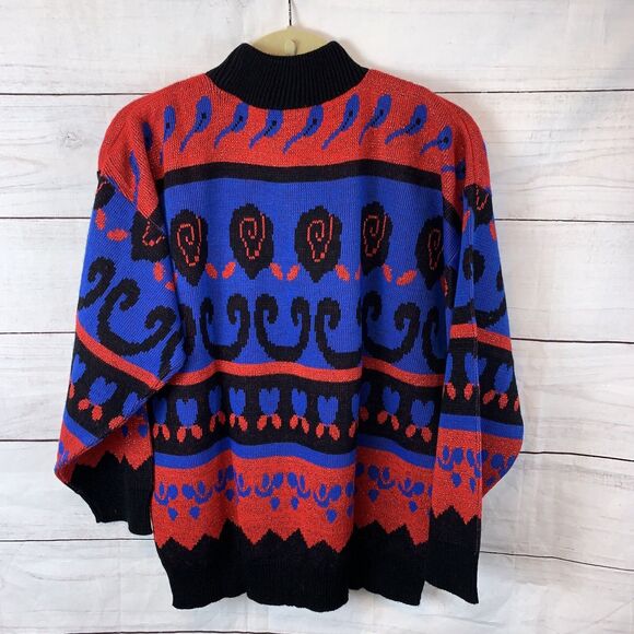 vintage blue red black lurex sweater Dolman Knit acrylic retro unisex hearts M 8 - Picture 5 of 9